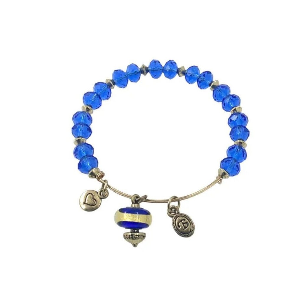 Bella Perlina Art Glass Expandable Bracelet, Gold Plated, Blue Lampwork Dangle